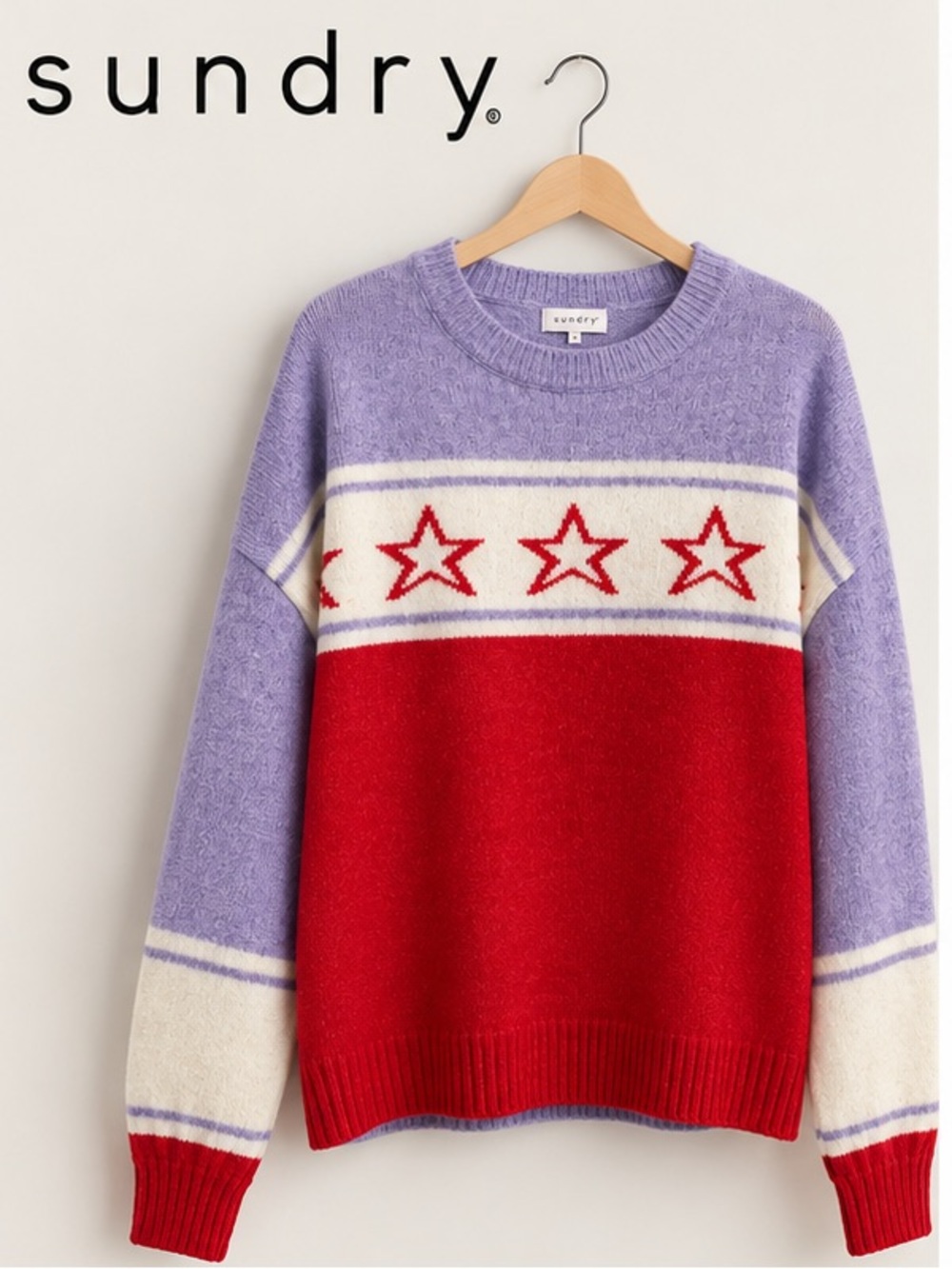 ANTHROPOLOGIE Sundry Lavender, Red & Cream Star-Stripe Crewneck Sweater-Like new